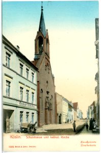 03506-Köslin-1903-Schulstraße und katholische Kirche-Brück & Sohn Kunstverlag