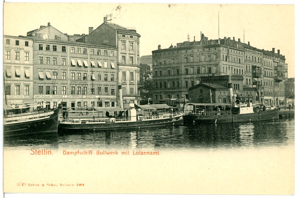 03749-Stettin-1903-Bollwerk mit Lotsenamt und Dampfschiffen-Brück & Sohn Kunstverlag