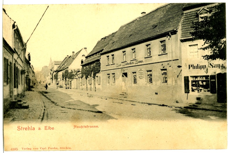 04385-Strehla-1903-Hauptstraße mit Gasthaus zum Deutschen Haus-Brück & Sohn Kunstverlag