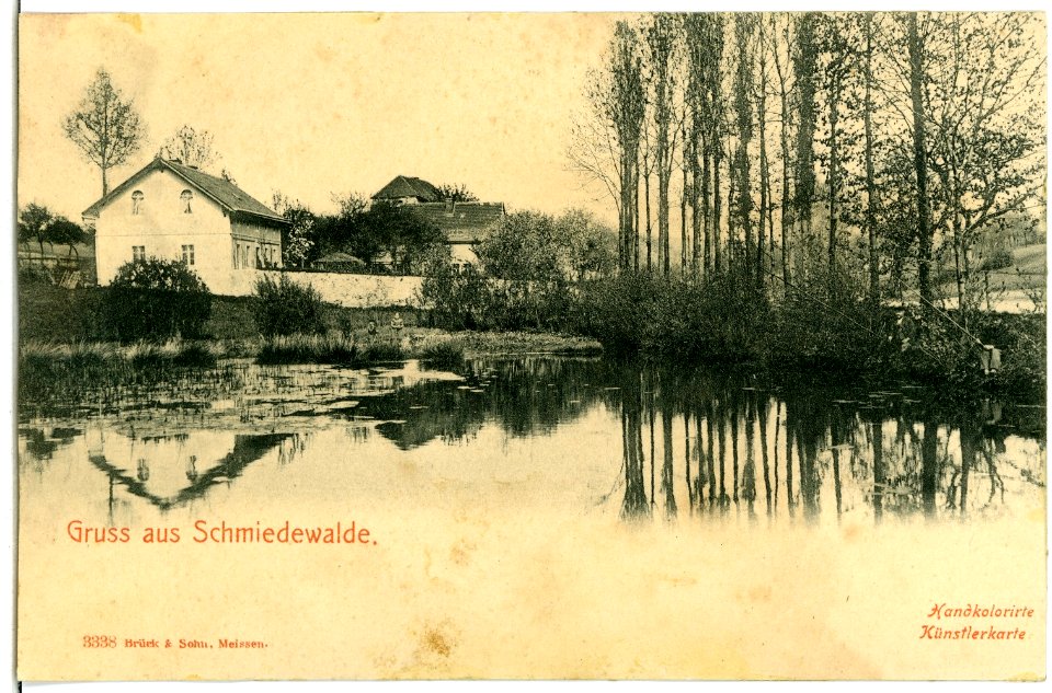 03338-Schmiedewalde-1903-Blick über den Teich zum Dorf-Brück & Sohn Kunstverlag