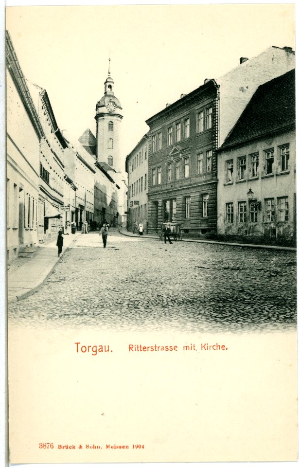 03876-Torgau-1903-Ritterstraße mit Kirche-Brück & Sohn Kunstverlag
