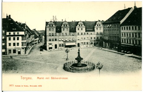 03871-Torgau-1903-Markt mit Brunnen, Goldener Anker, Bäckerstraße-Brück & Sohn Kunstverlag