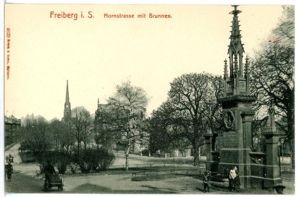 04623-Freiberg-1903-Hornstraße mit Brunnen-Brück & Sohn Kunstverlag