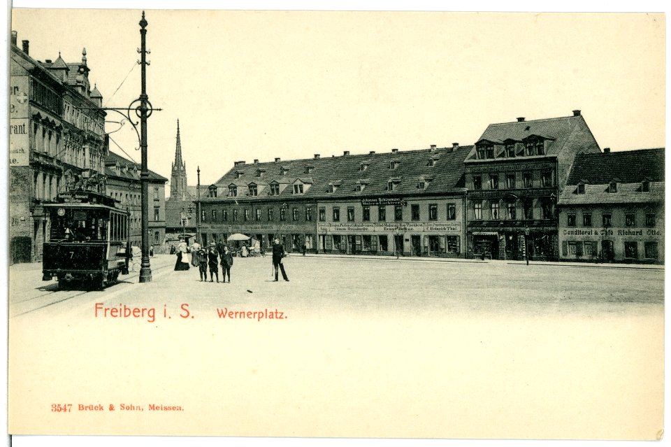 03547-Freiberg-1903-Wernerplatz mit Straßenbahn-Brück & Sohn Kunstverlag
