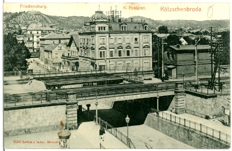 03580-Kötzschenbroda-1903-Blick vom Bahnhof auf Postamt und Friedensburg-Brück & Sohn Kunstverlag