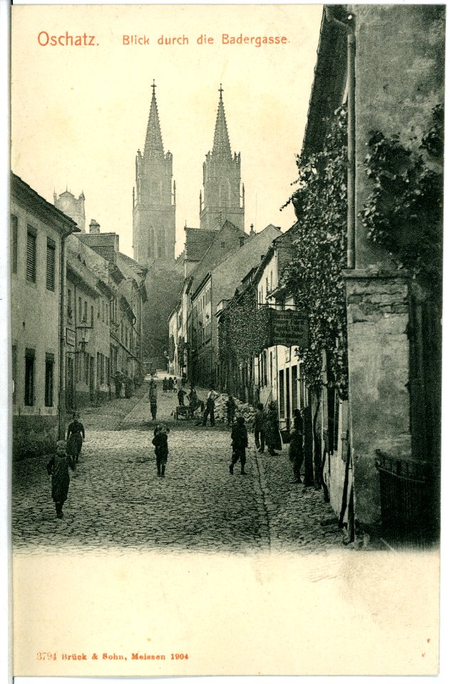 03794-Oschatz-1903-Blick durch die Badergasse zum Dom-Brück & Sohn Kunstverlag