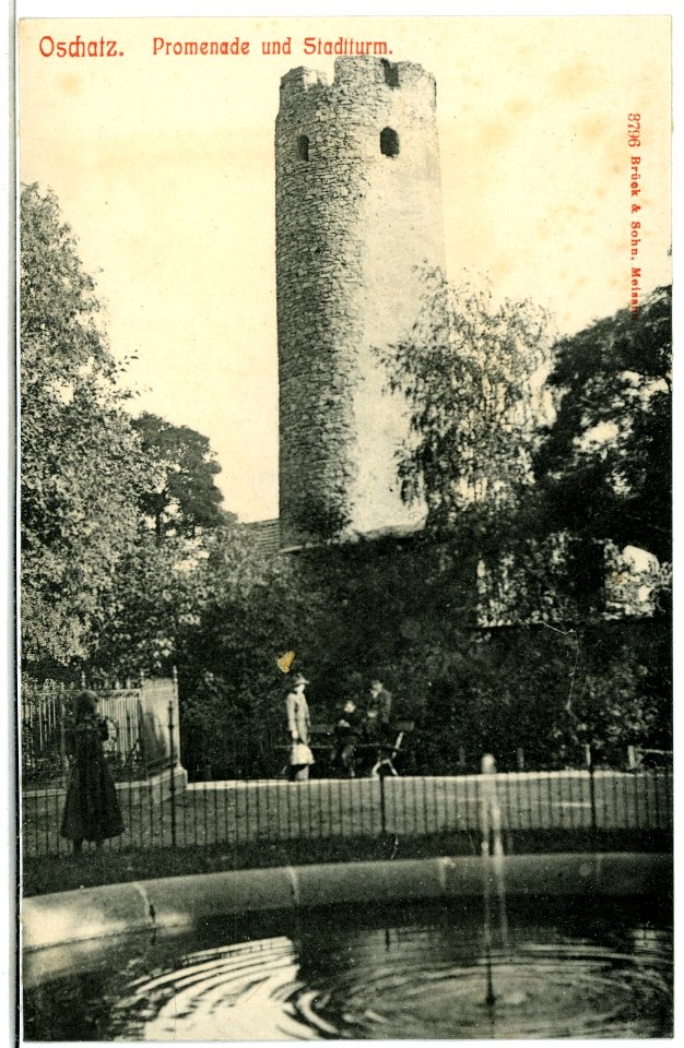03796-Oschatz-1903-Promenade mit Kriegerdenkmal und Stadtturm-Brück & Sohn Kunstverlag