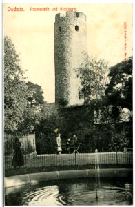 03796-Oschatz-1903-Promenade mit Kriegerdenkmal und Stadtturm-Brück & Sohn Kunstverlag