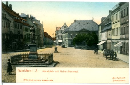 03764-Hainichen-1903-Markt mit Gellert Denkmal-Brück & Sohn Kunstverlag
