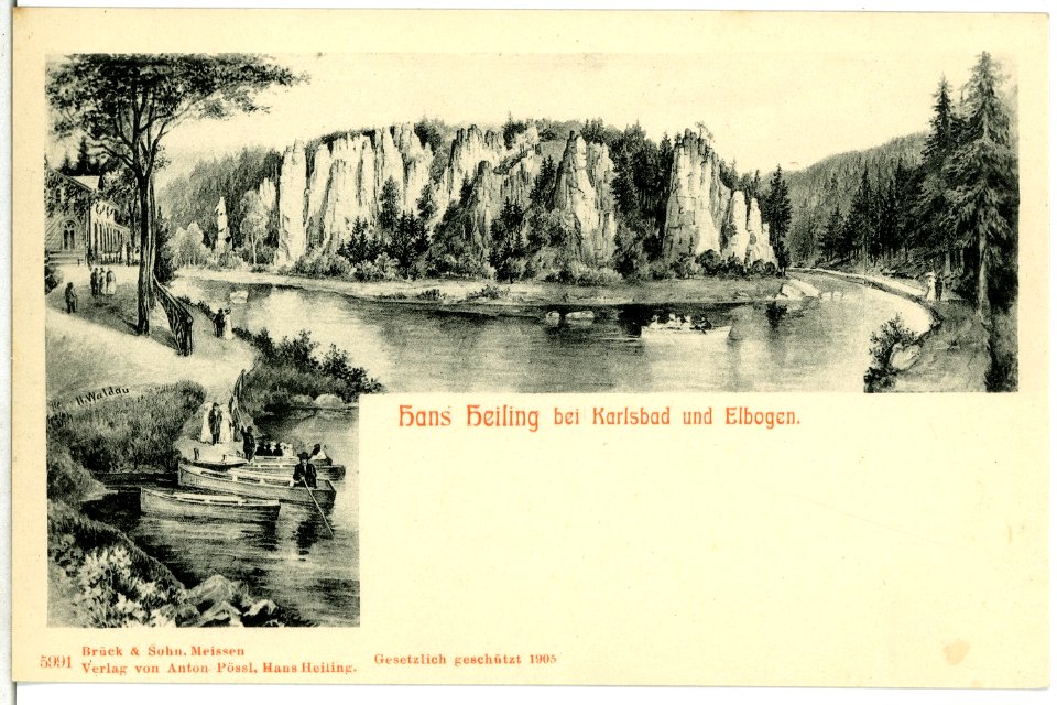 05991-Karlsbad-1905-Hans Heiling und Elbogen mit Ruderkähnen und Felsen-Brück & Sohn Kunstverlag