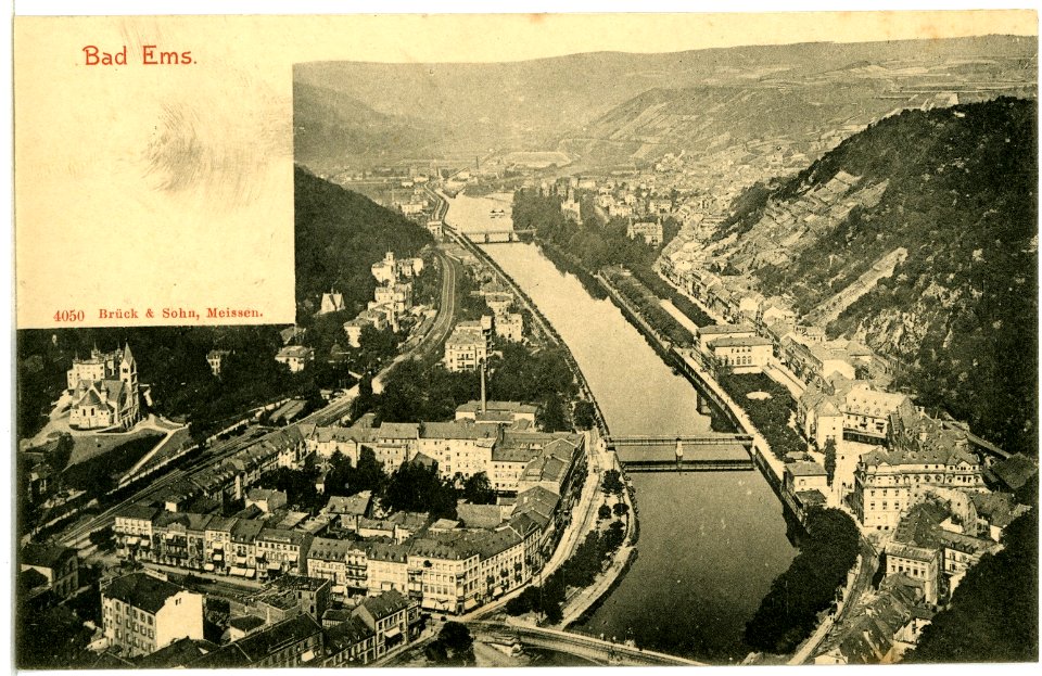 04050-Bad Ems-1903-Blick auf Bad Ems und der Lahn mit 3 Brücken-Brück & Sohn Kunstverlag