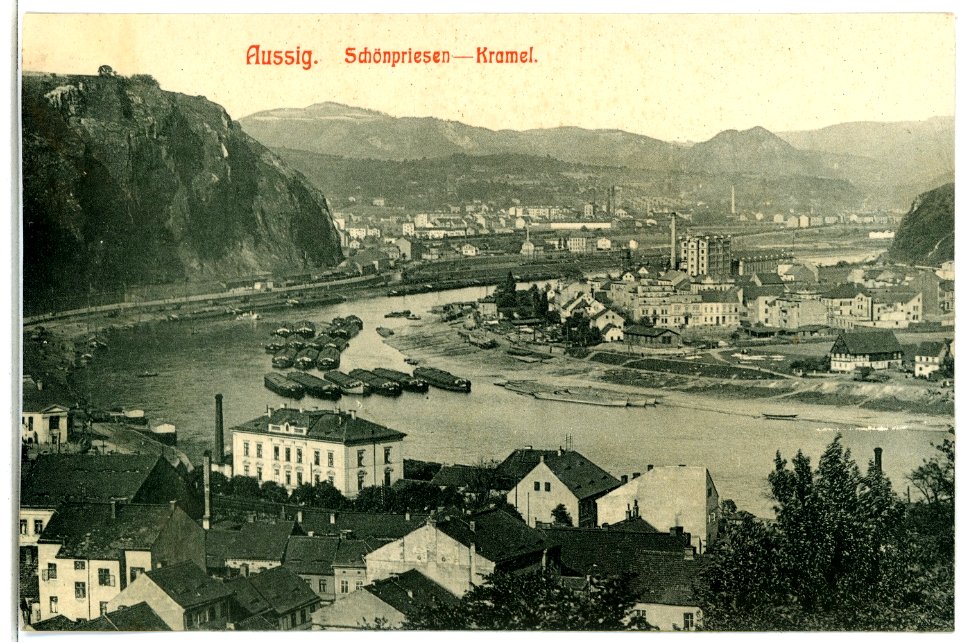03335-Aussig-1903-Schönpriesen-Kramel, Elbe mit Lastkähnen-Brück & Sohn Kunstverlag