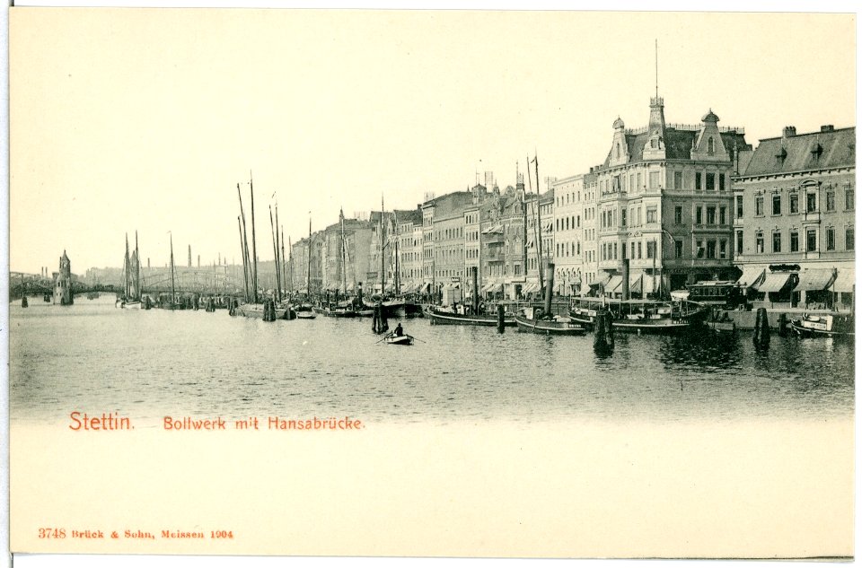 03748-Stettin-1903-Bollwerk mit Hansabrücke und Schiffen-Brück & Sohn Kunstverlag