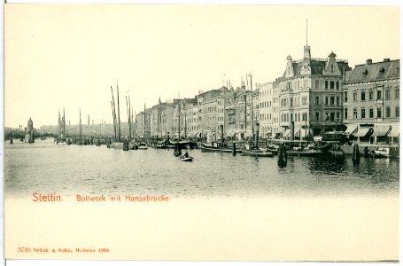 03748-Stettin-1903-Bollwerk mit Hansabrücke und Schiffen-Brück & Sohn Kunstverlag