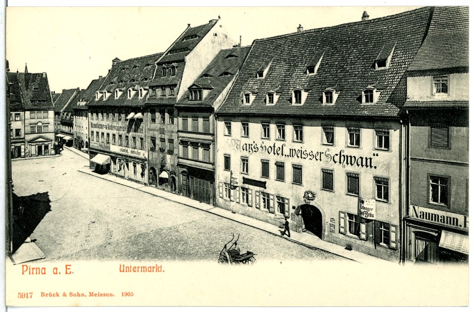 05917-Pirna-1905-Untermarkt mit Hotel weißer Schwan-Brück & Sohn Kunstverlag