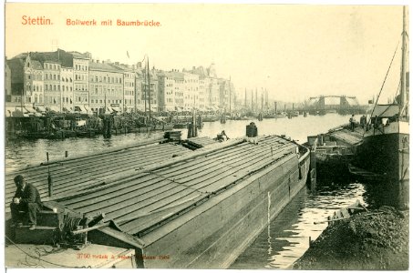 03750-Stettin-1903-Bollwerk mit Baumbrücke und Lastkähnen-Brück & Sohn Kunstverlag