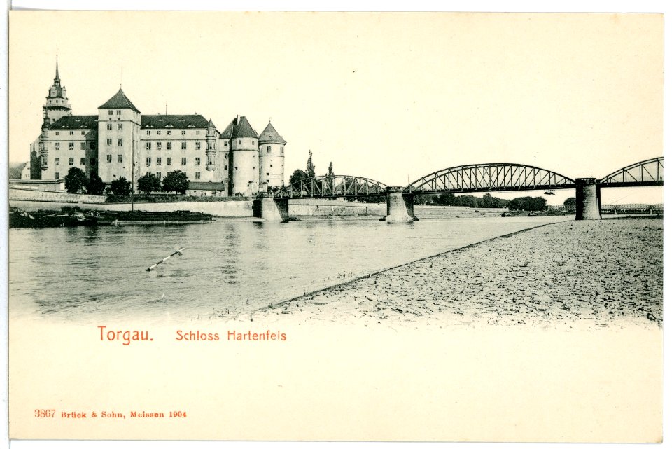 03867-Torgau-1903-Schloß Hartenfels mit Elbebrücke-Brück & Sohn Kunstverlag