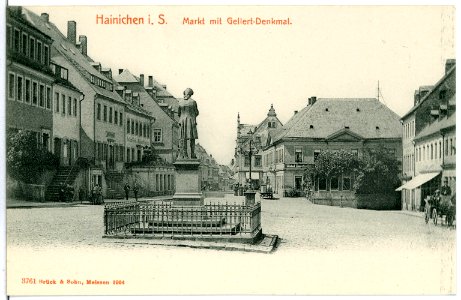 03761-Hainichen-1903-Markt mit Gellertdenkmal-Brück & Sohn Kunstverlag