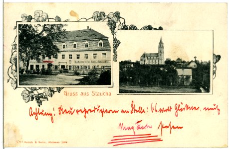 03790-Staucha-1903-Geschäftshaus und Kirche-Brück & Sohn Kunstverlag