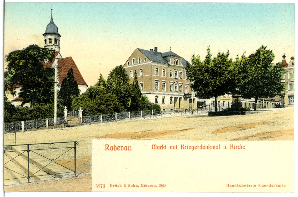 05873-Rabenau-1905-Markt mit Kriegerdenkmal und Kirche-Brück & Sohn Kunstverlag
