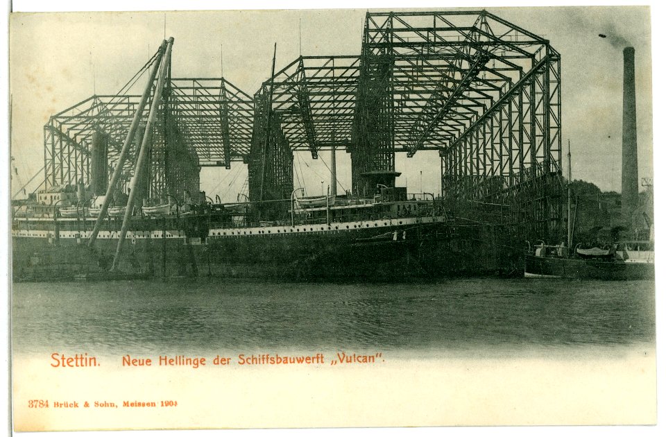 03784-Stettin-1903-Neue Hellinge der Schiffsbauwerft Vulcan mit Dampfer-Brück & Sohn Kunstverlag