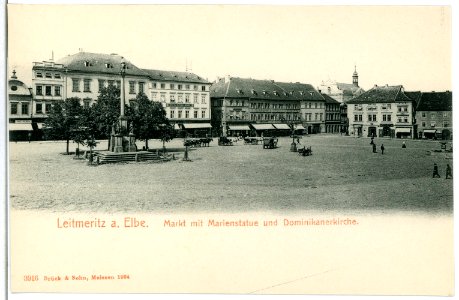 03916-Leitmeritz-1903-Markt mit Marienstatue und Dominikanerkirche-Brück & Sohn Kunstverlag