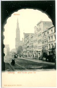 03618-Danzig-1903-Blick durchs grüne Tor mit Straßenbahn-Brück & Sohn Kunstverlag