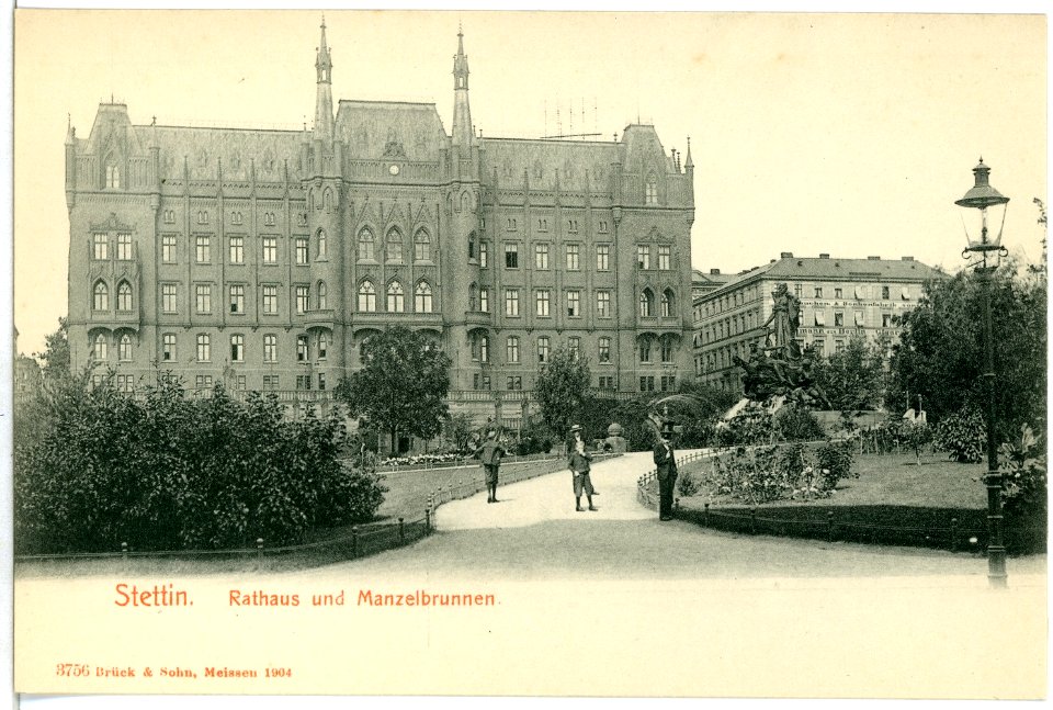 03756-Stettin-1903-Rathausplatz und Manzelbrunnen-Brück & Sohn Kunstverlag
