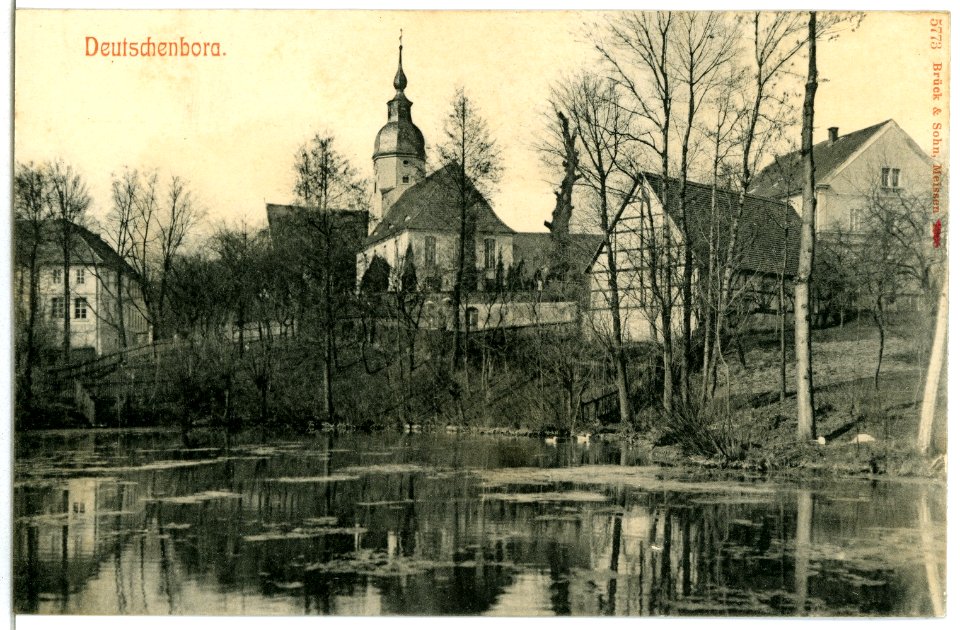 05773-Deutschenbora-1905-Dorfteich und Kirche-Brück & Sohn Kunstverlag