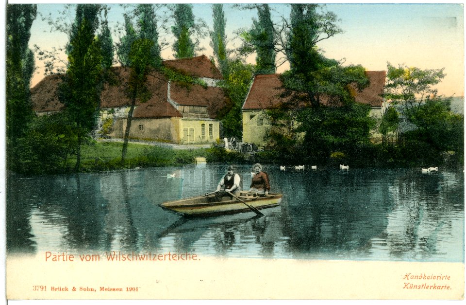 03791-Staucha-1903-Wilschwitzerteich mit Ruderkahn-Brück & Sohn Kunstverlag
