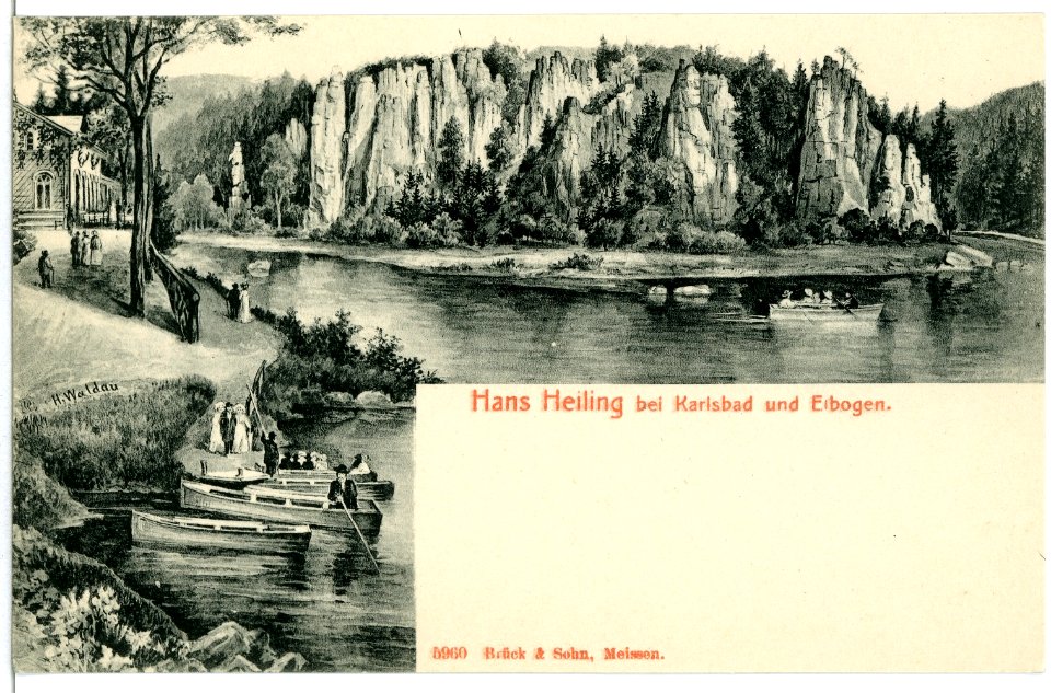 05960-Karlsbad-1905-Hans Heiling und Elbogen mit Ruderkähnen-Brück & Sohn Kunstverlag