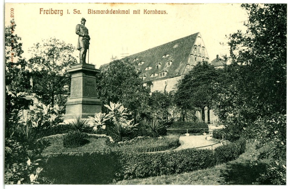 06053-Freiberg-1905-Bismarckdenkmal mit Kornhaus-Brück & Sohn Kunstverlag