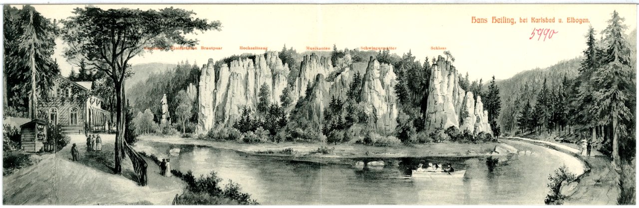 05990-Karlsbad-1905-Hans Heiling und Elbogen mit Ruderkähnen und Felsen-Brück & Sohn Kunstverlag