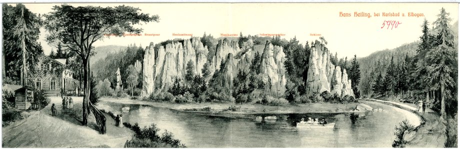 05990-Karlsbad-1905-Hans Heiling und Elbogen mit Ruderkähnen und Felsen-Brück & Sohn Kunstverlag