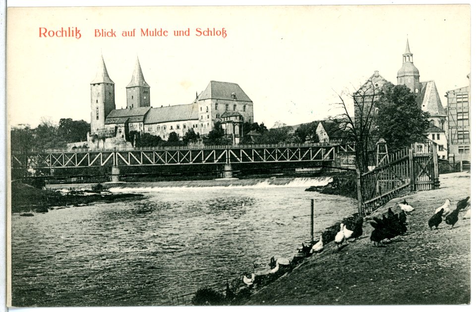 06243-Rochlitz-1905-Blick auf Mulde, Brücke und Schloß-Brück & Sohn Kunstverlag