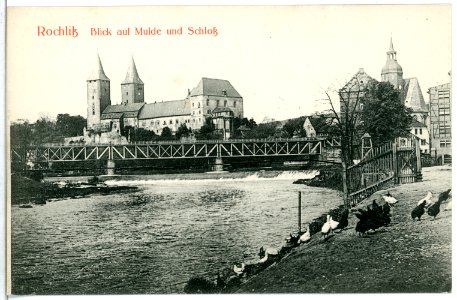 06243-Rochlitz-1905-Blick auf Mulde, Brücke und Schloß-Brück & Sohn Kunstverlag