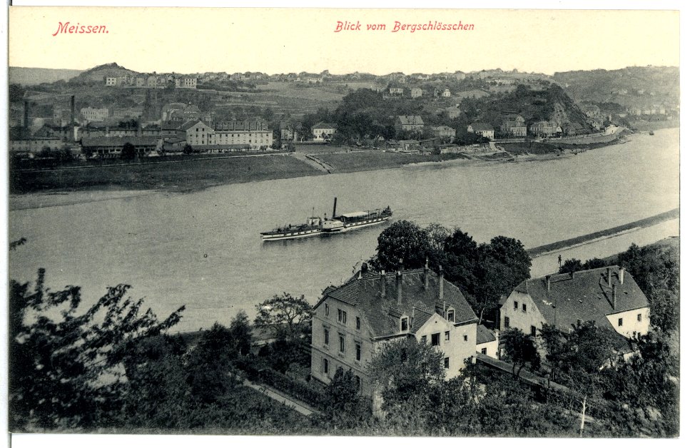 05153-Meißen-1904-Elbe bei Siebeneichen mit Dampfer und Fähre-Brück & Sohn Kunstverlag