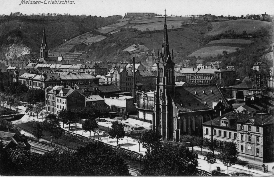 06195-Meißen-1905-Triebischtal, Katholische Kirche und Triebischtal-Schule-Brück & Sohn Kunstverlag