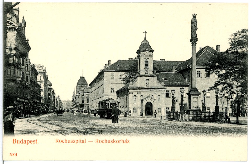 05901-Budapest-1905-Rochusspital mit Straßenbahn-Brück & Sohn Kunstverlag