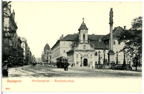 05901-Budapest-1905-Rochusspital mit Straßenbahn-Brück & Sohn Kunstverlag
