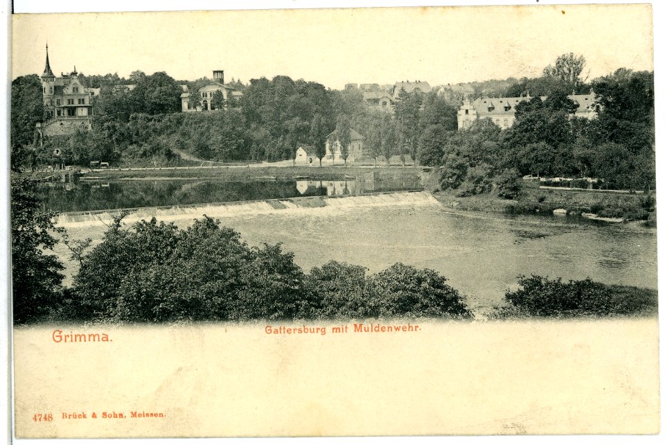 04748-Grimma-1903-Gattersburg mit Muldenwehr-Brück & Sohn Kunstverlag