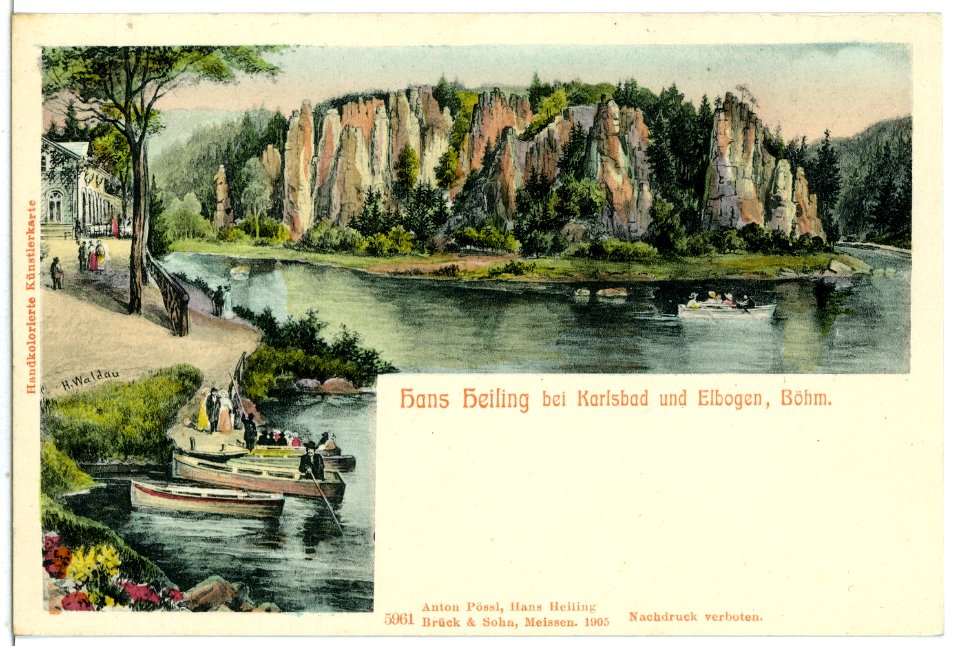 05961-Karlsbad-1905-Hans Heiling und Elbogen mit Ruderkähnen-Brück & Sohn Kunstverlag