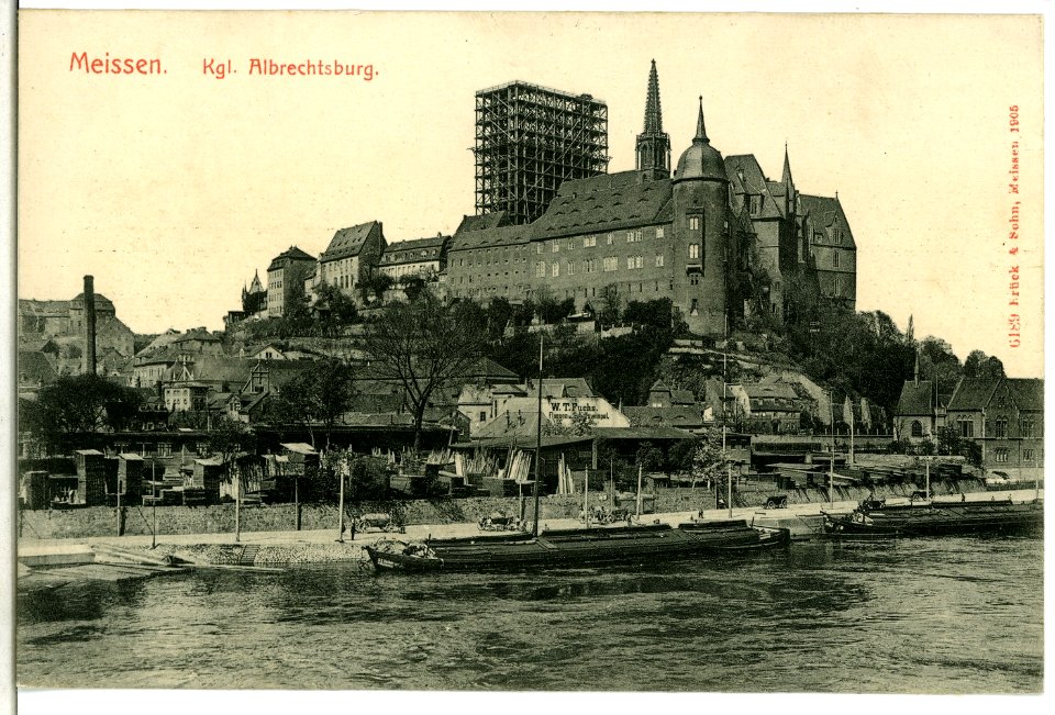 06189-Meißen-1905-Elbe mit Frachtkähnen, Burgberg-Brück & Sohn Kunstverlag