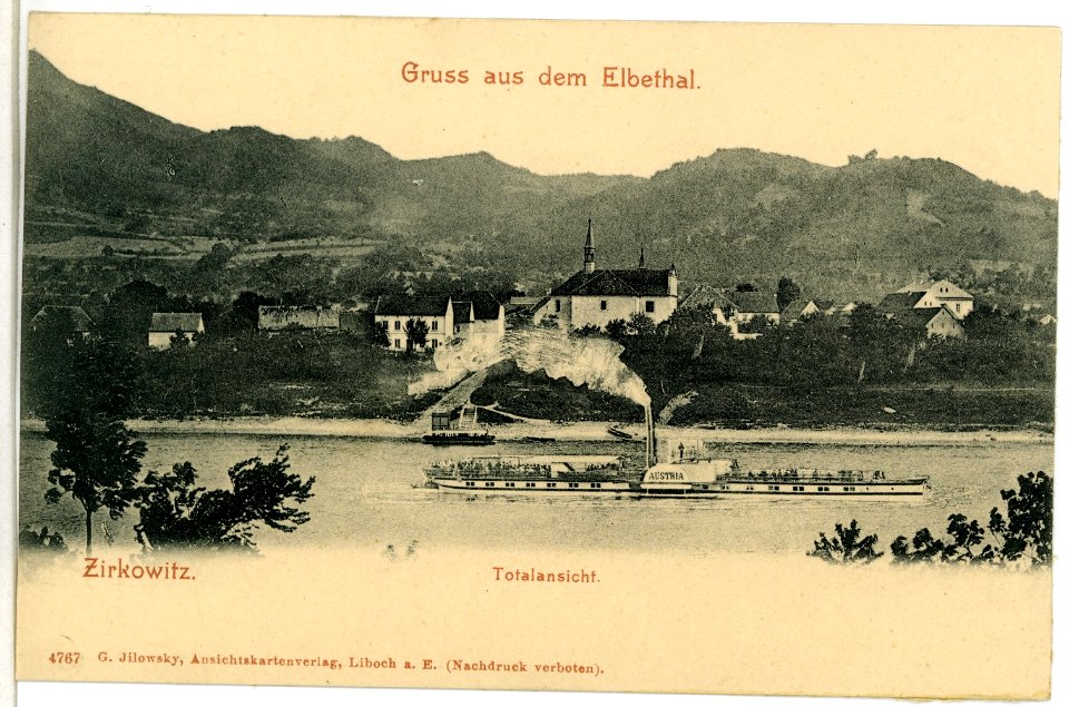04767-Zirkowitz-1903-Blick auf die Kirche und Elbe mit Dampfer Austria-Brück & Sohn Kunstverlag
