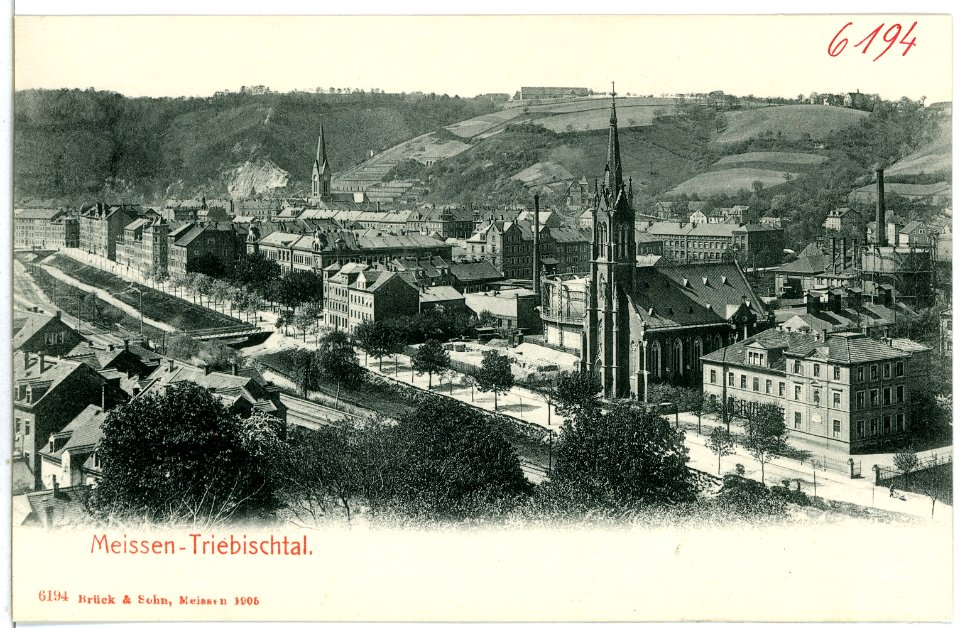 06194-Meißen-1905-Triebischtal, Katholische Kirche und Gasanstalt-Brück & Sohn Kunstverlag