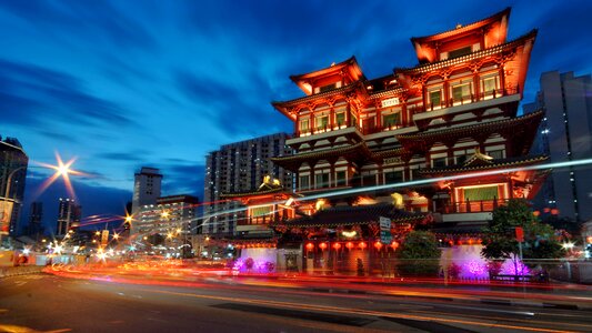 Buddhism night light trail photo