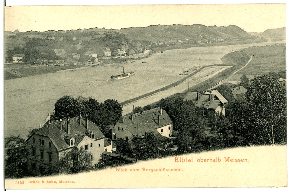 05152-Meißen-1904-Elbe bei Siebeneichen mit Dampfer und Fähre-Brück & Sohn Kunstverlag