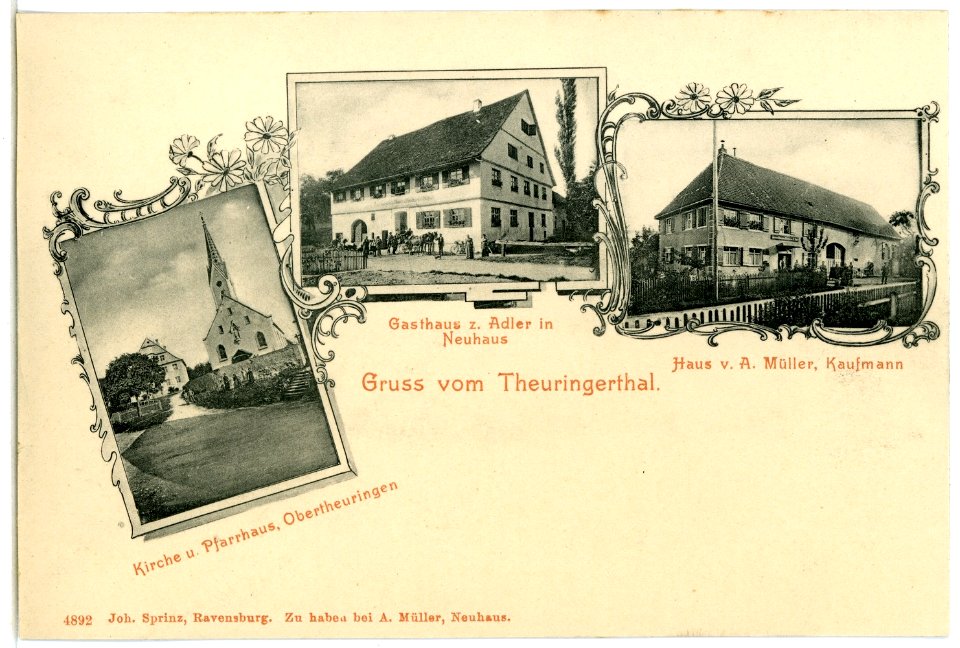 04892-Neuhaus-1903-Gasthaus, Kirche, Pfarrhaus, Kaufmann A. Müller-Brück & Sohn Kunstverlag