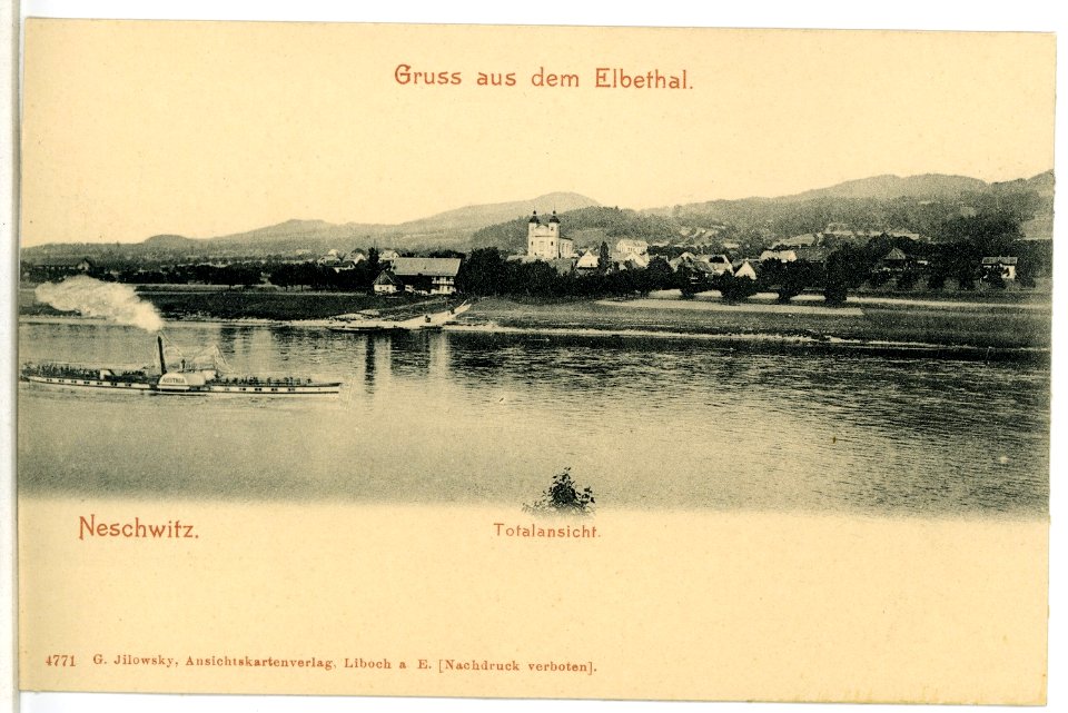 04771-Neschwitz-1903-Blick über die Elbe mit Dampfer Austria-Brück & Sohn Kunstverlag