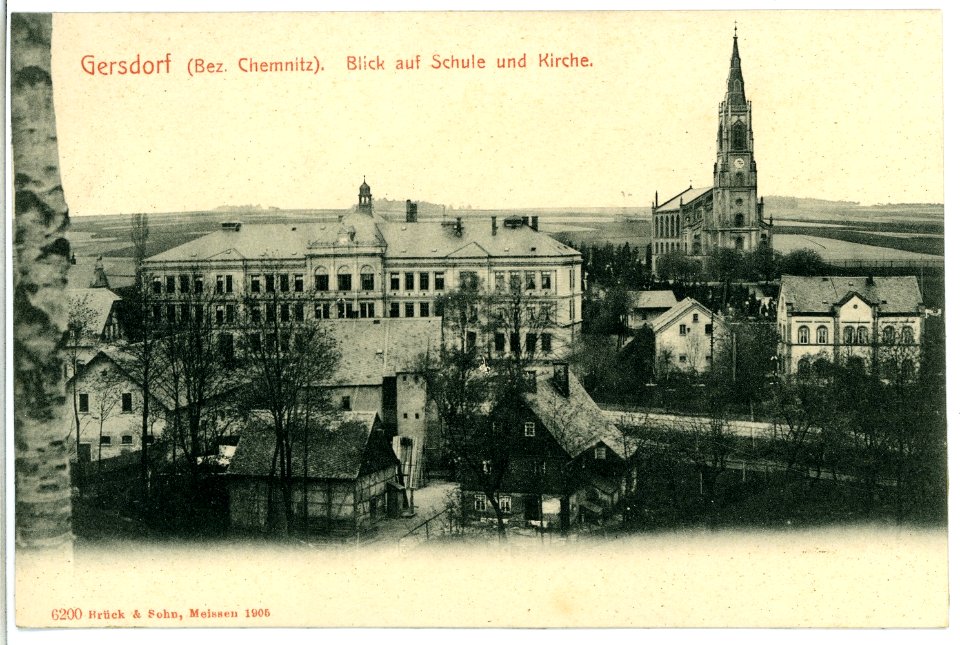 06200-Gersdorf-1905-Blick auf Schule und Kirche-Brück & Sohn Kunstverlag